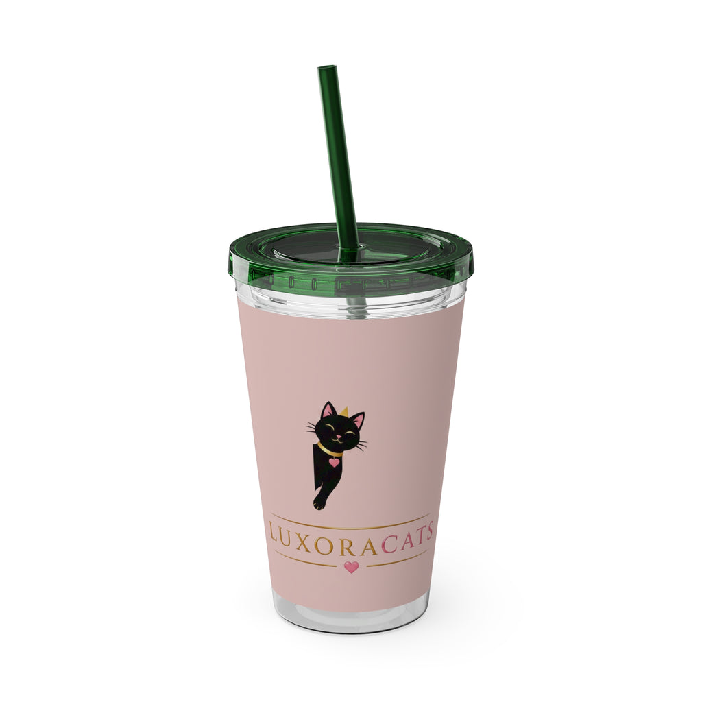 Vaso LuxoraCats Pink Sunsplash 16oz con Pitillo — Lindo Vaso de Viaje Gato Negro