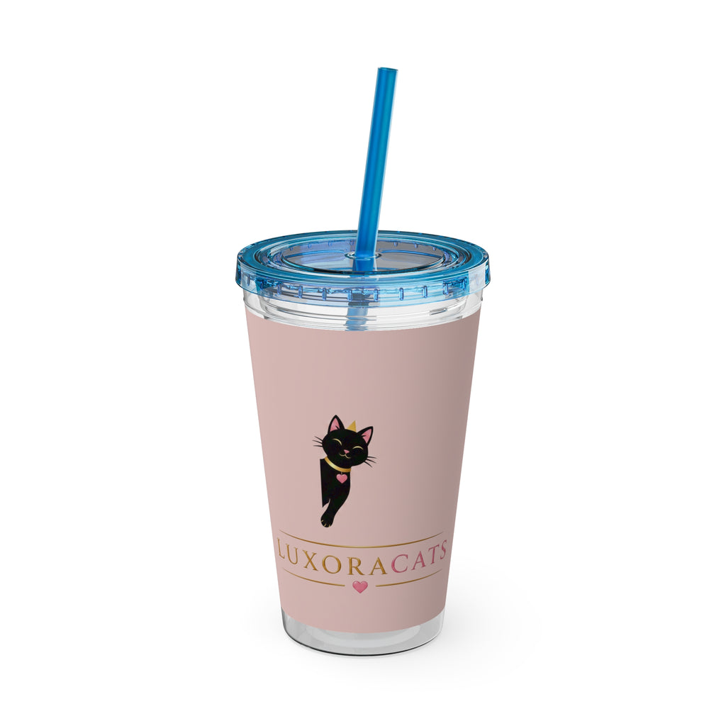 Vaso LuxoraCats Pink Sunsplash 16oz con Pitillo — Lindo Vaso de Viaje Gato Negro