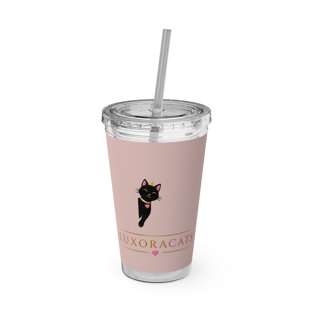Vaso LuxoraCats Pink Sunsplash 16oz con Pitillo — Lindo Vaso de Viaje Gato Negro
