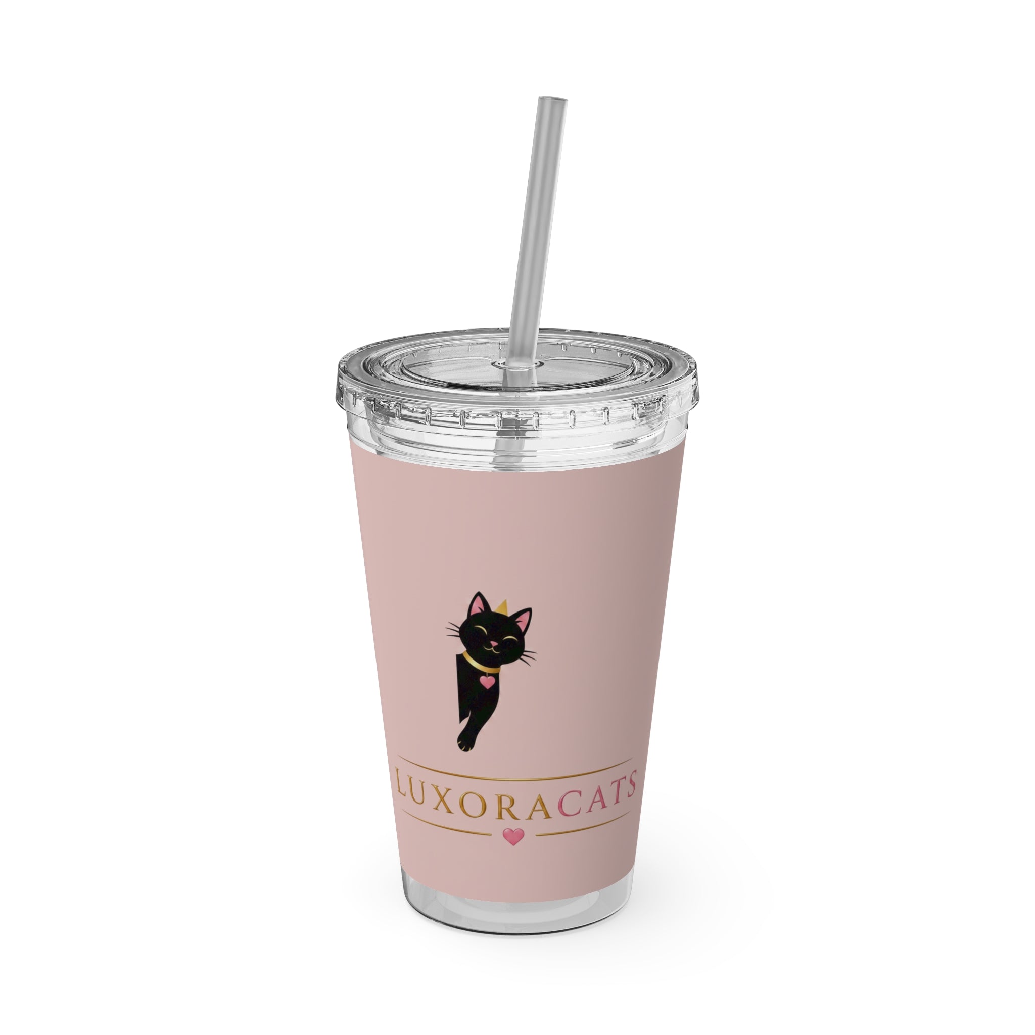 Vaso LuxoraCats Pink Sunsplash 16oz con Pitillo — Lindo Vaso de Viaje Gato Negro