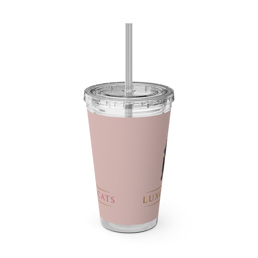 Vaso LuxoraCats Pink Sunsplash 16oz con Pitillo — Lindo Vaso de Viaje Gato Negro