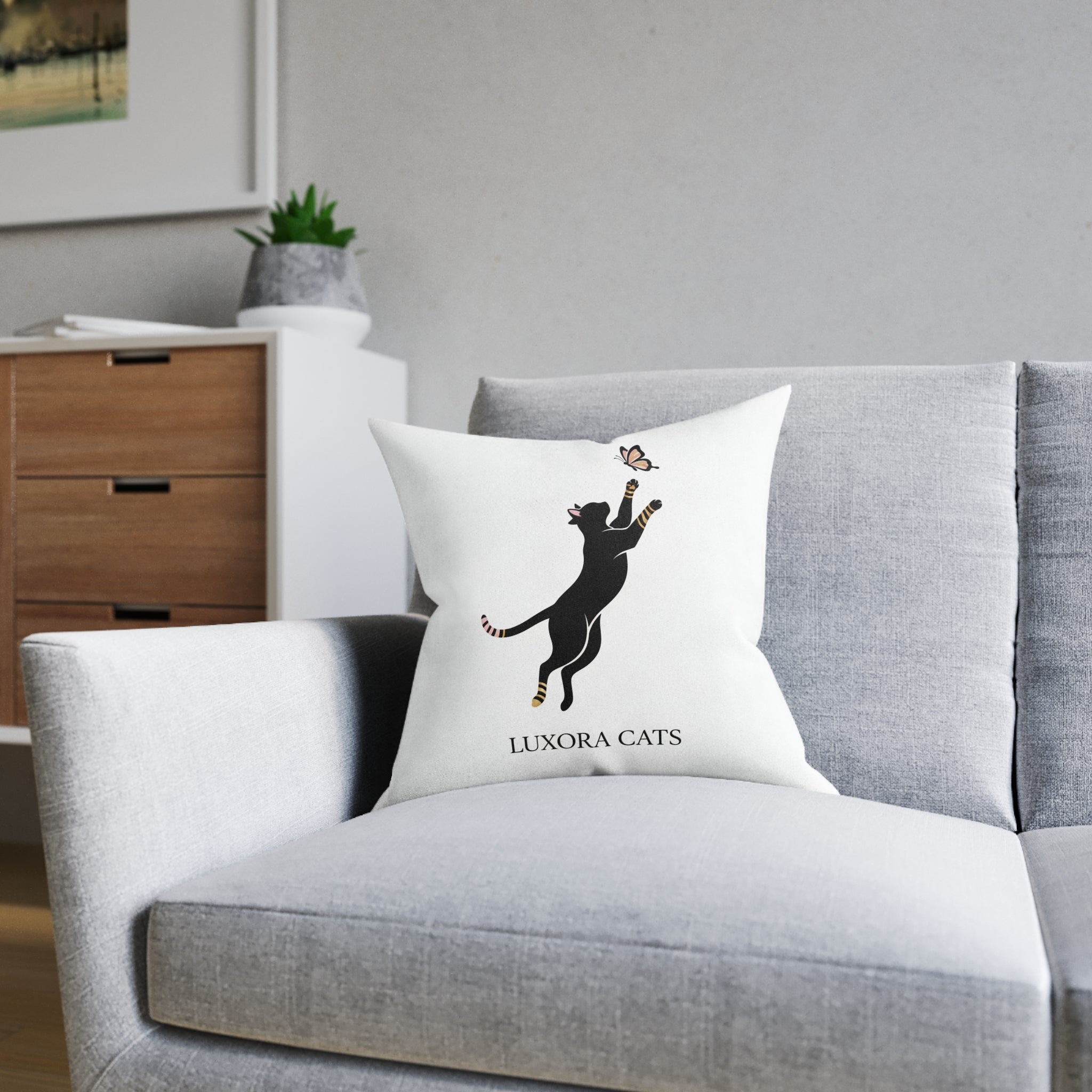 Luxora Cats Decorative Pillow — Playful Black Cat & Butterfly Accent Cushion (Pink Back)