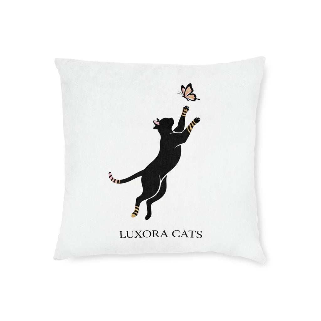 Luxora Cats Decorative Pillow — Playful Black Cat & Butterfly Accent Cushion (Pink Back)