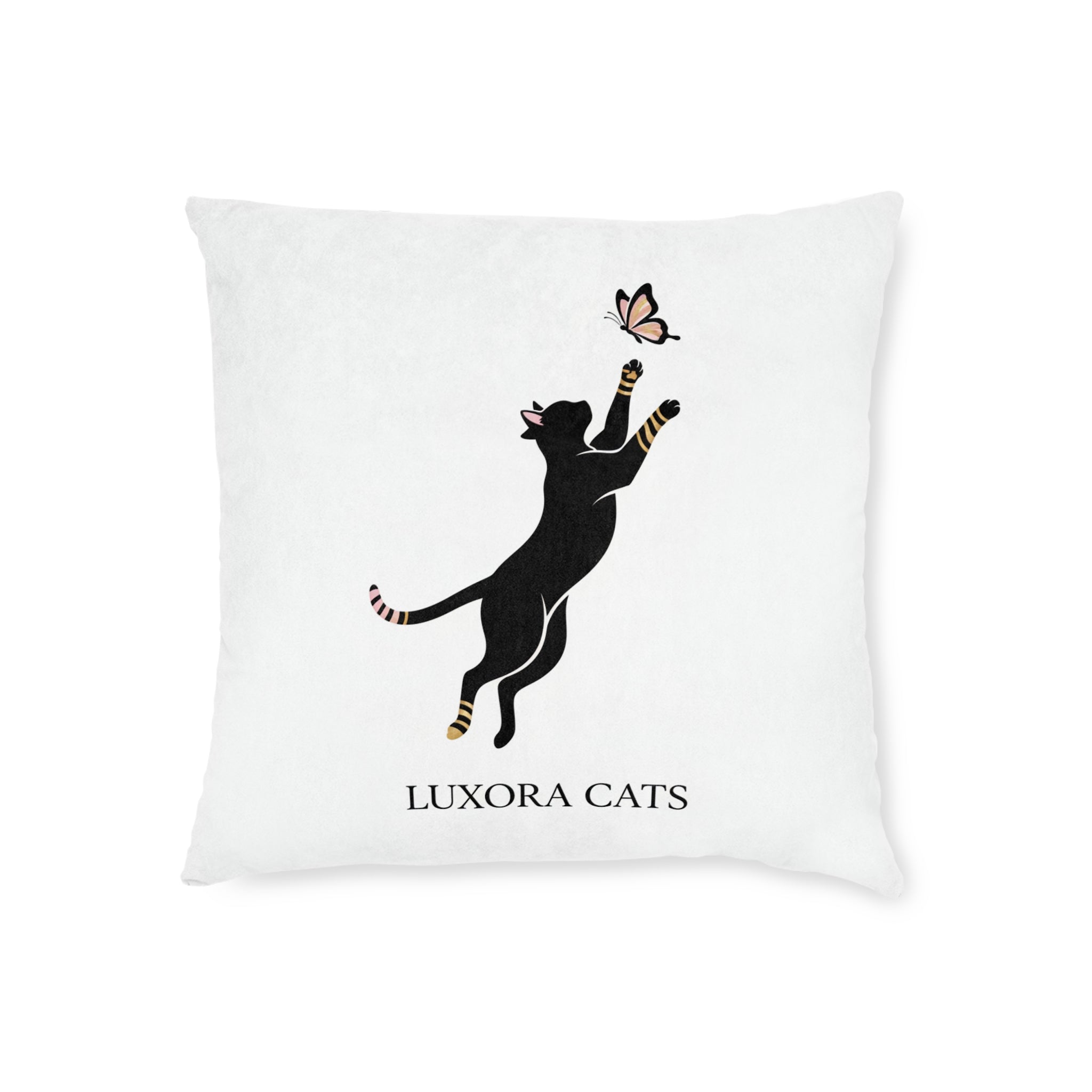 Luxora Cats Decorative Pillow — Playful Black Cat & Butterfly Accent Cushion (Pink Back)