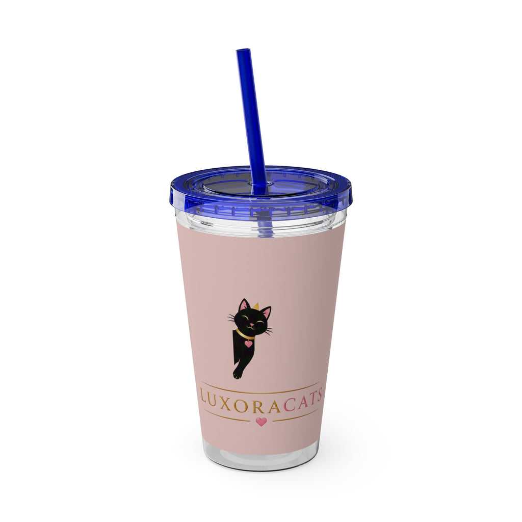 Vaso LuxoraCats Pink Sunsplash 16oz con Pitillo — Lindo Vaso de Viaje Gato Negro