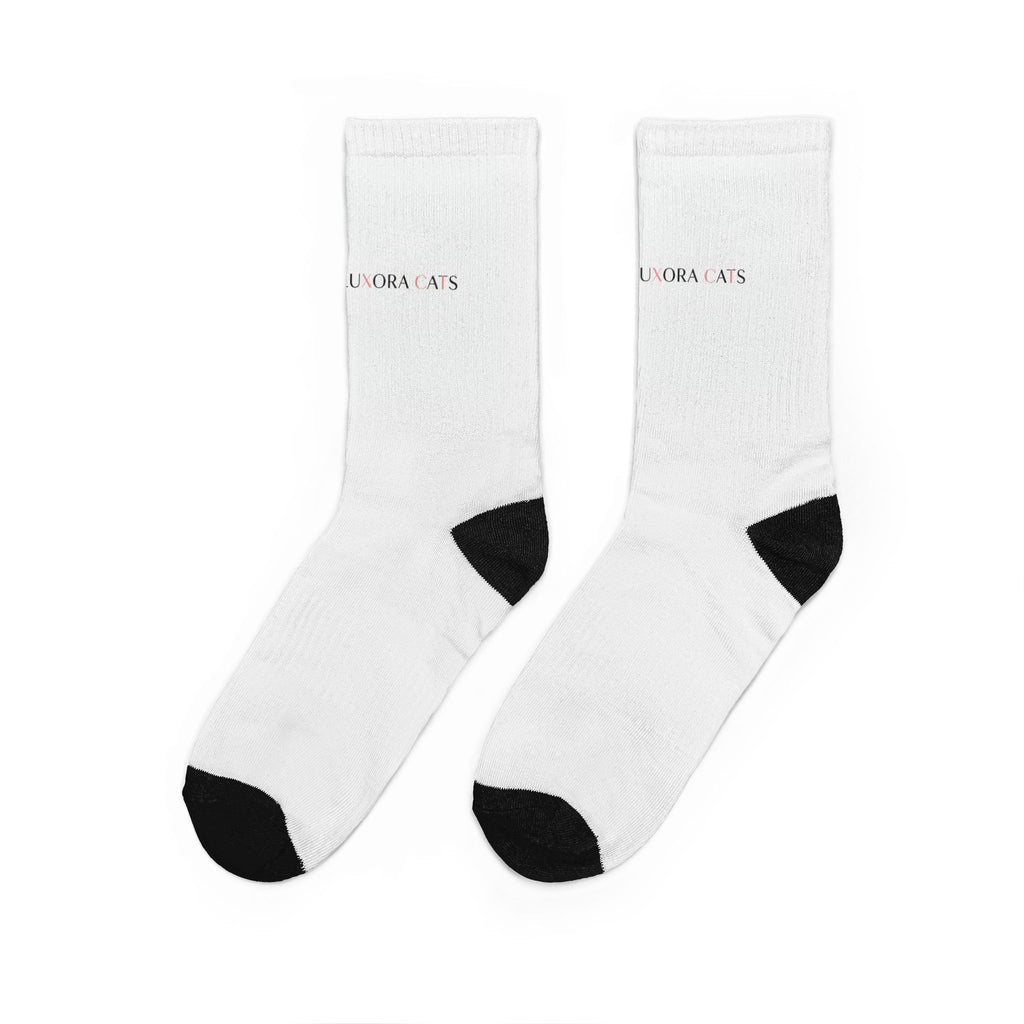 White Padded Crew Socks with Black Heel & Cat Silhouette — Cute Minimalist Crew Socks