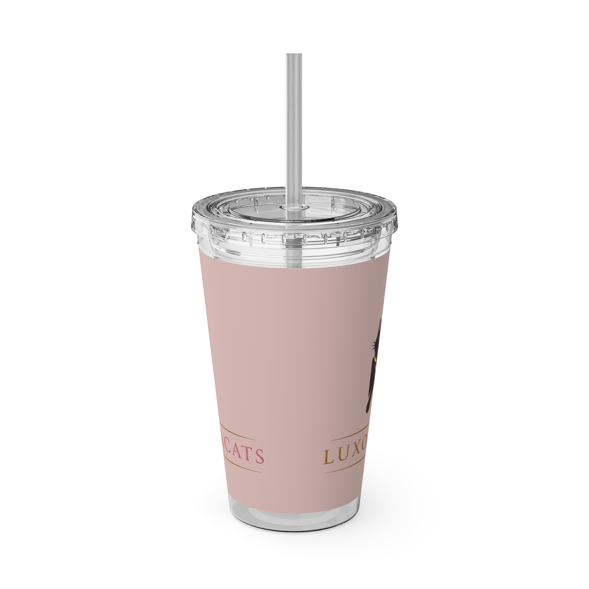 Vaso LuxoraCats Pink Sunsplash de 16 oz con pajita — lindo vaso de viaje con gato negro