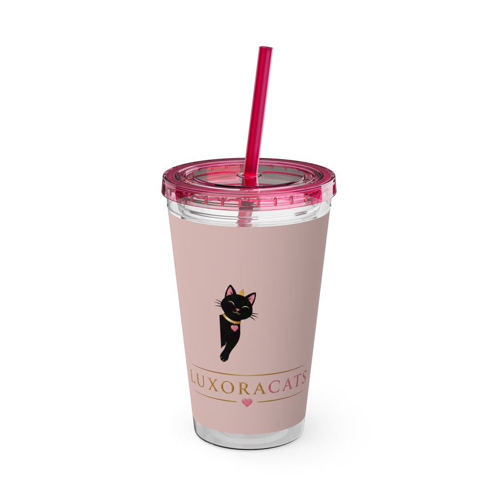 Vaso LuxoraCats Pink Sunsplash 16oz con Pitillo — Lindo Vaso de Viaje Gato Negro