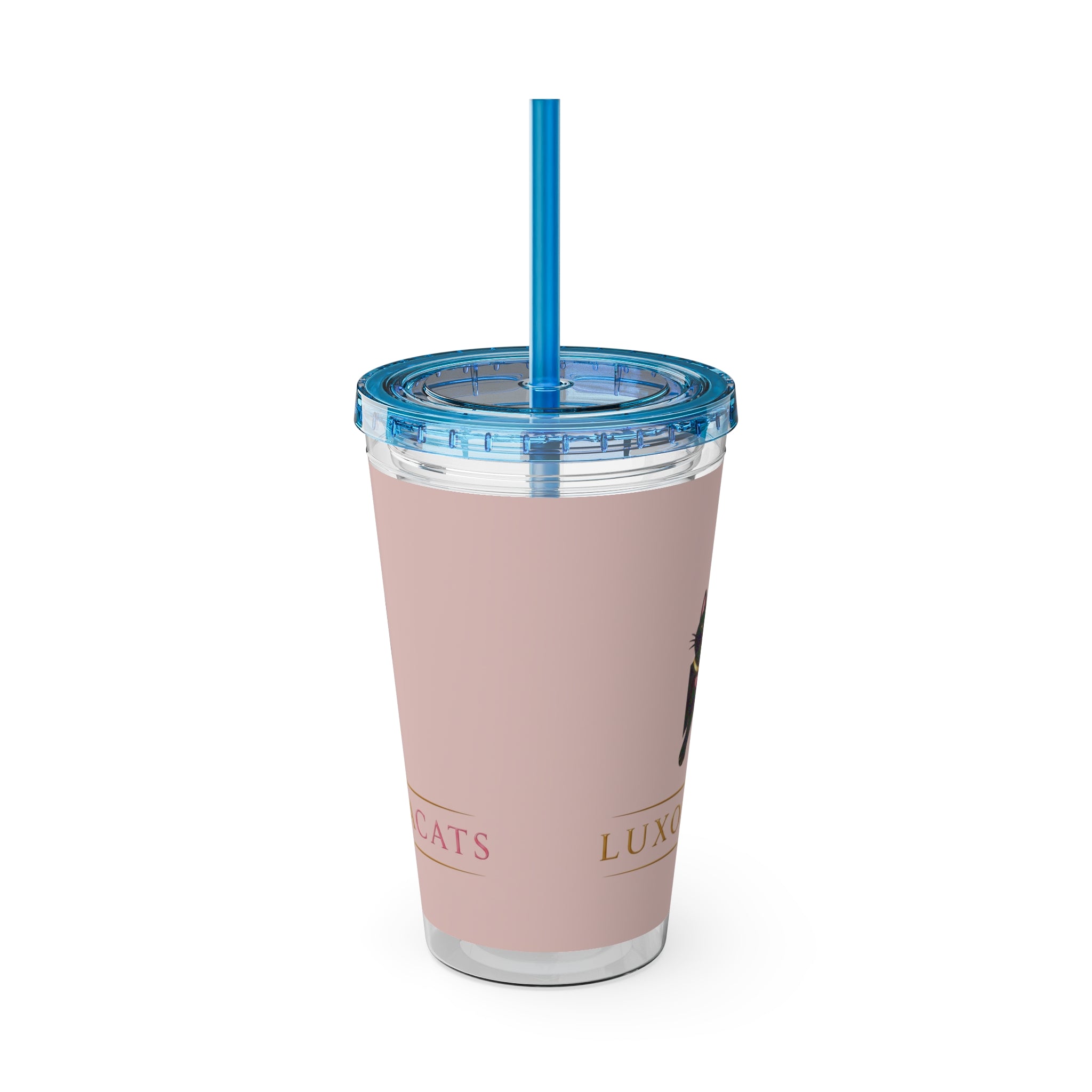 Vaso LuxoraCats Pink Sunsplash de 16 oz con pajita — lindo vaso de viaje con gato negro