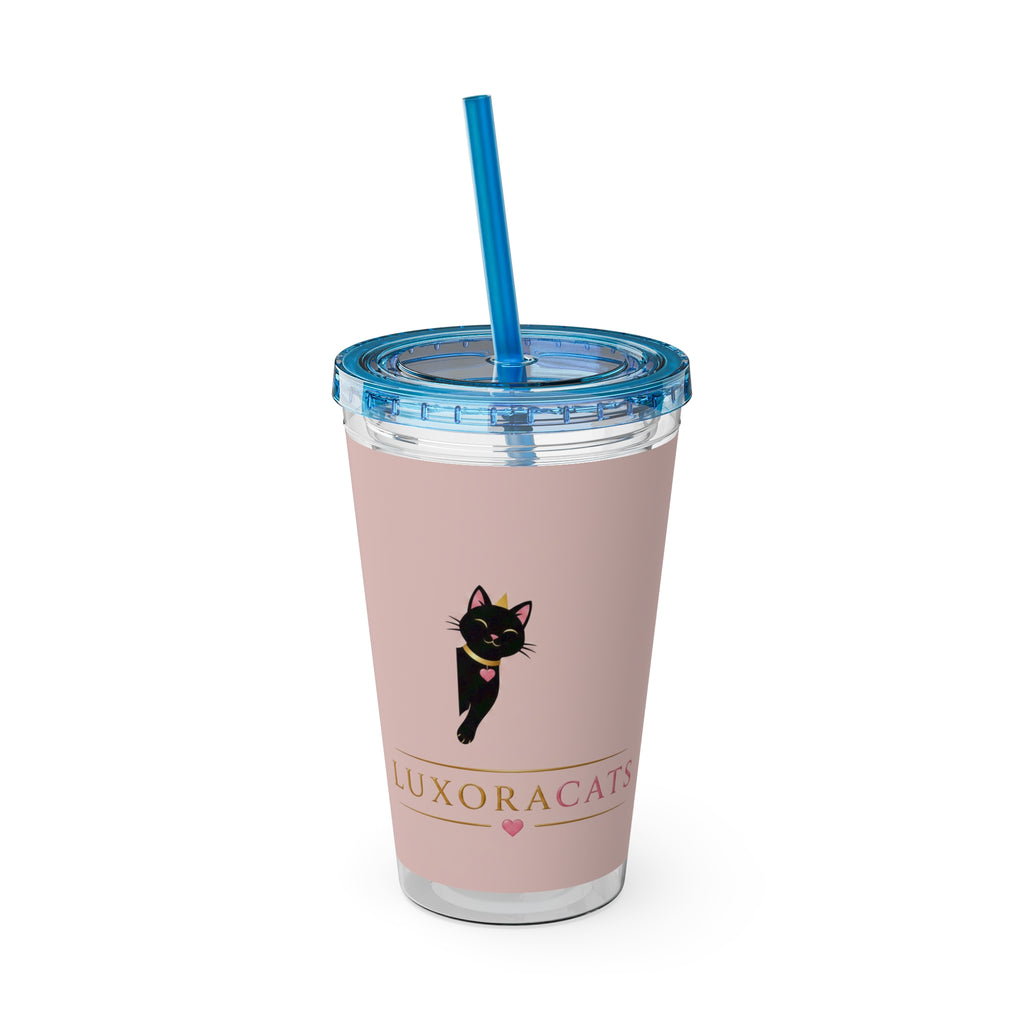 Vaso LuxoraCats Pink Sunsplash 16oz con Pitillo — Lindo Vaso de Viaje Gato Negro