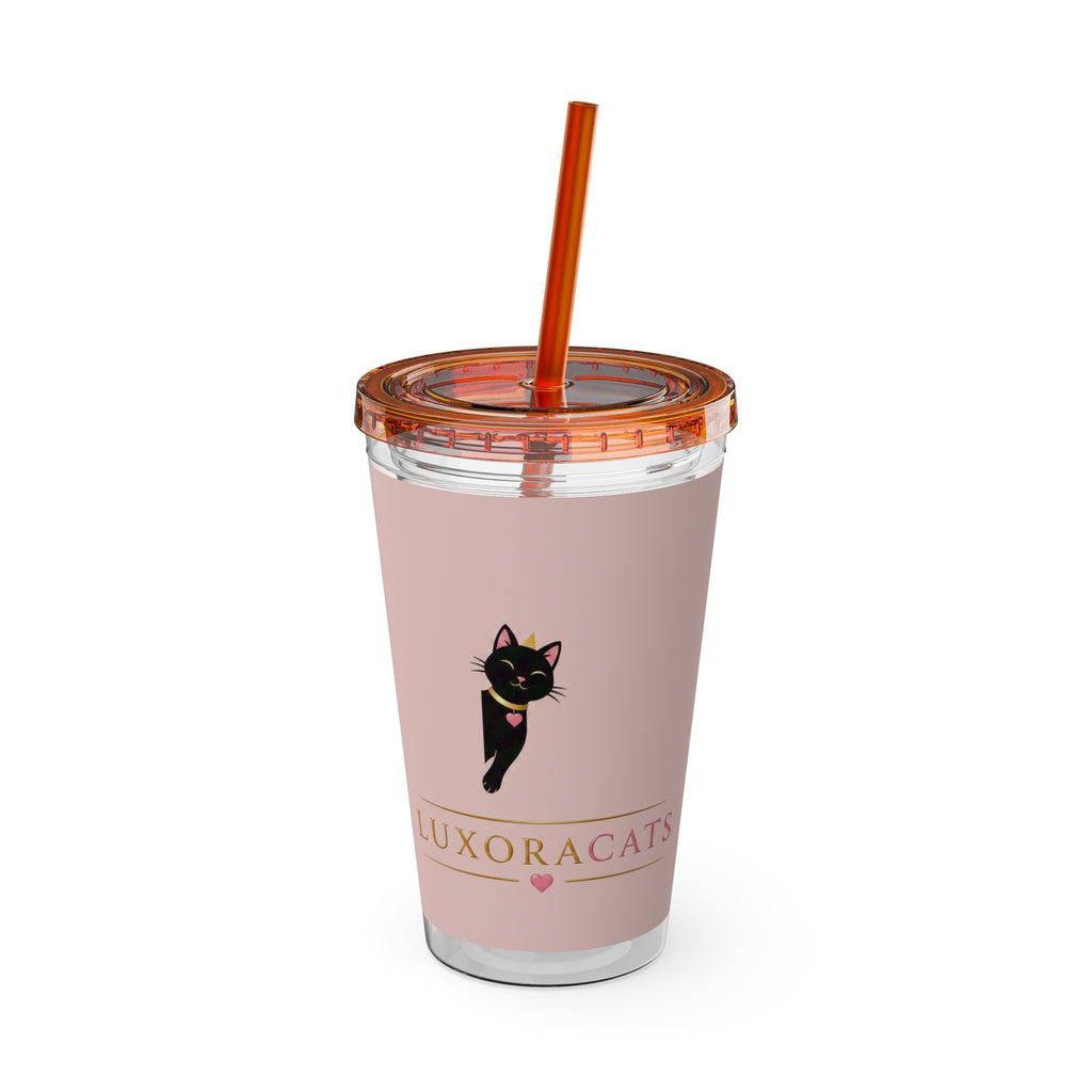 Vaso LuxoraCats Pink Sunsplash 16oz con Pitillo — Lindo Vaso de Viaje Gato Negro