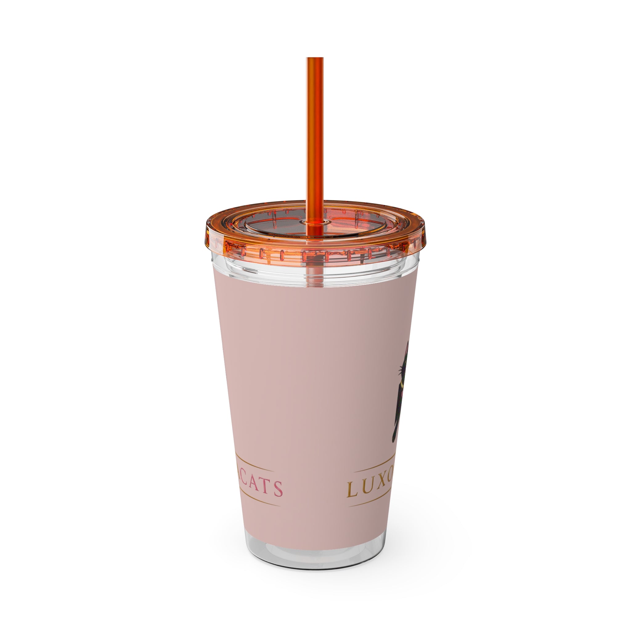 Vaso LuxoraCats Pink Sunsplash de 16 oz con pajita — lindo vaso de viaje con gato negro