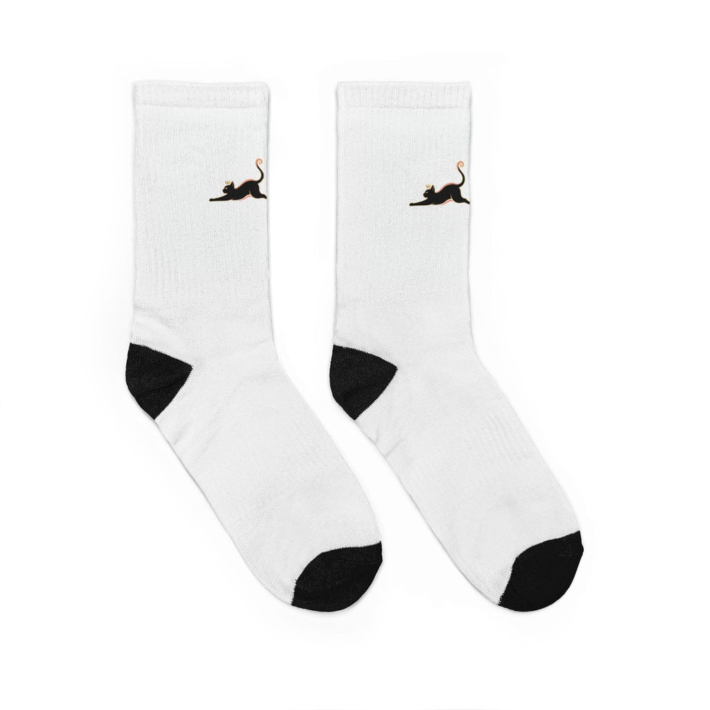 White Padded Crew Socks with Black Heel & Cat Silhouette — Cute Minimalist Crew Socks