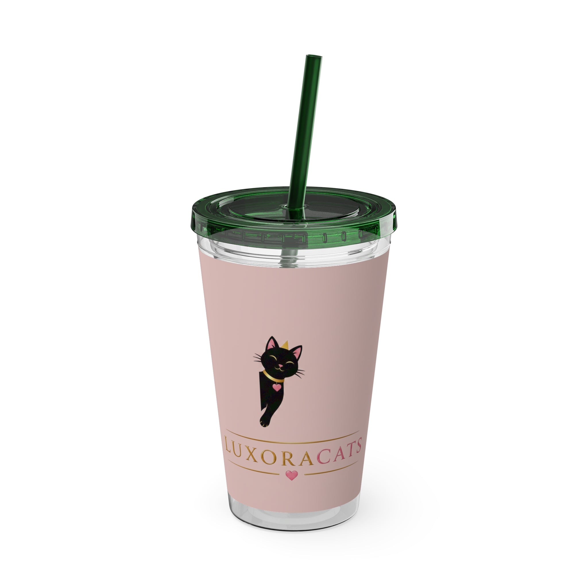 Vaso LuxoraCats Pink Sunsplash 16oz con Pitillo — Lindo Vaso de Viaje Gato Negro