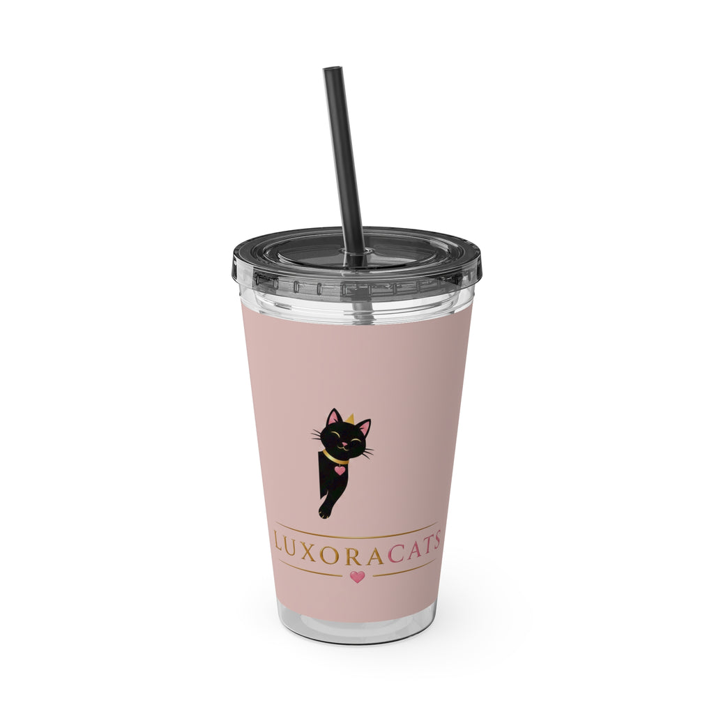 Vaso LuxoraCats Pink Sunsplash 16oz con Pitillo — Lindo Vaso de Viaje Gato Negro