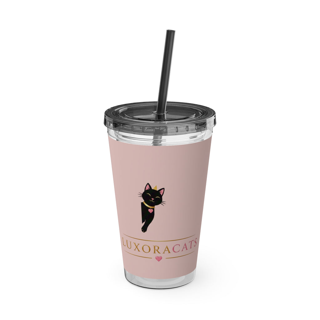 Vaso LuxoraCats Pink Sunsplash 16oz con Pitillo — Lindo Vaso de Viaje Gato Negro