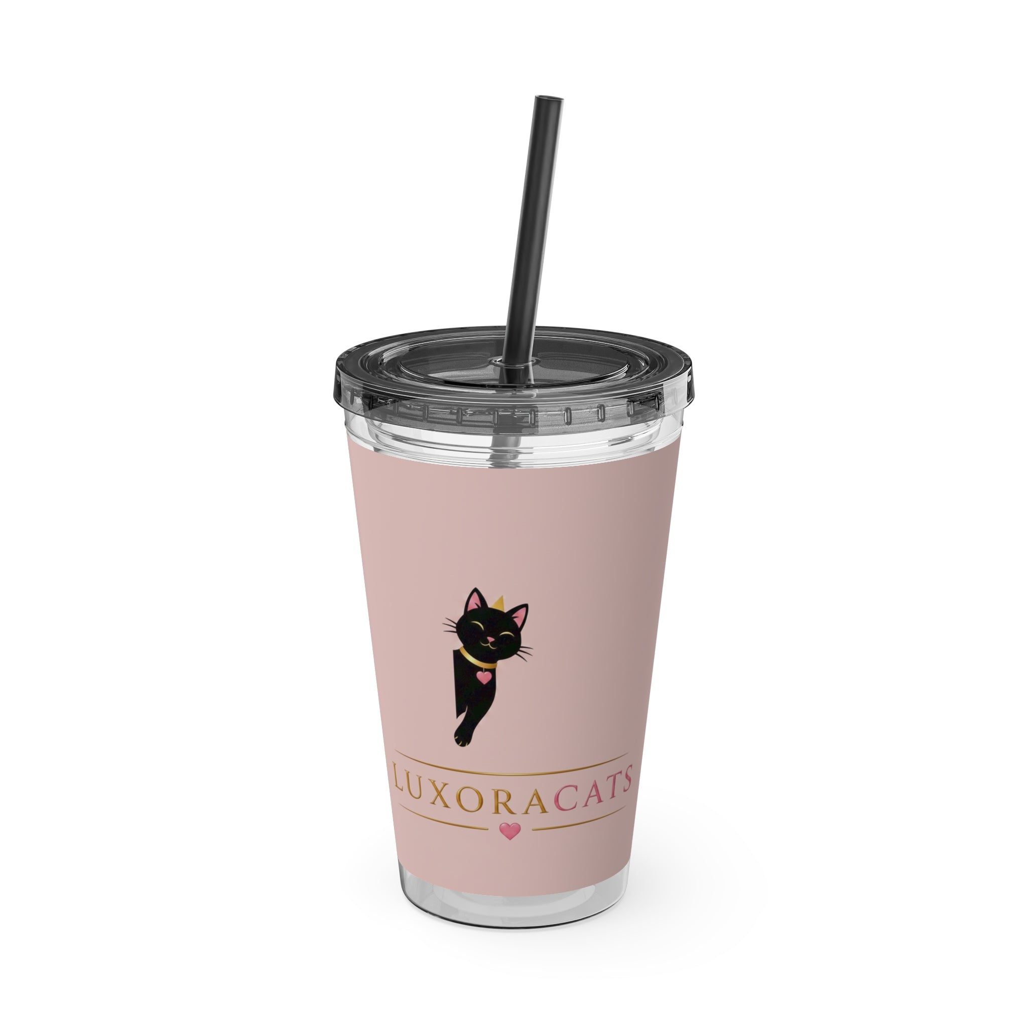 Vaso LuxoraCats Pink Sunsplash 16oz con Pitillo — Lindo Vaso de Viaje Gato Negro