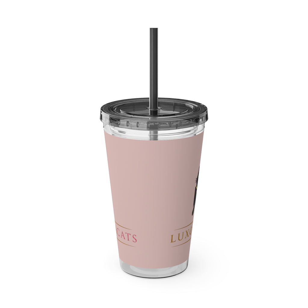 Vaso LuxoraCats Pink Sunsplash 16oz con Pitillo — Lindo Vaso de Viaje Gato Negro