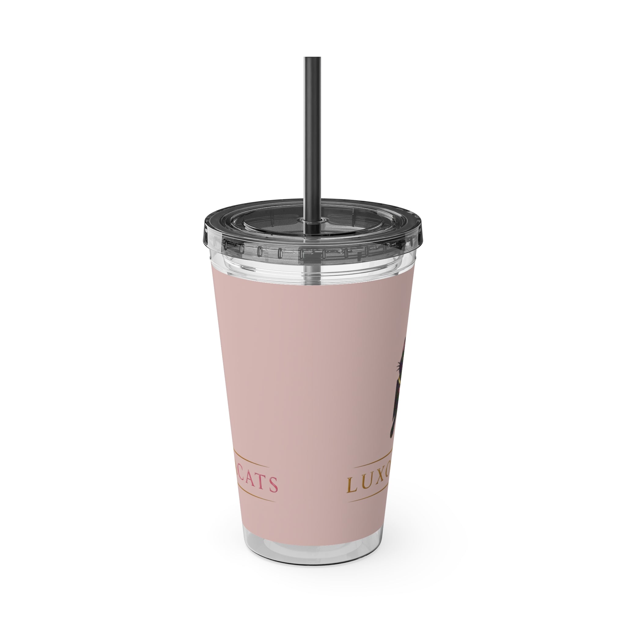 Vaso LuxoraCats Pink Sunsplash 16oz con Pitillo — Lindo Vaso de Viaje Gato Negro