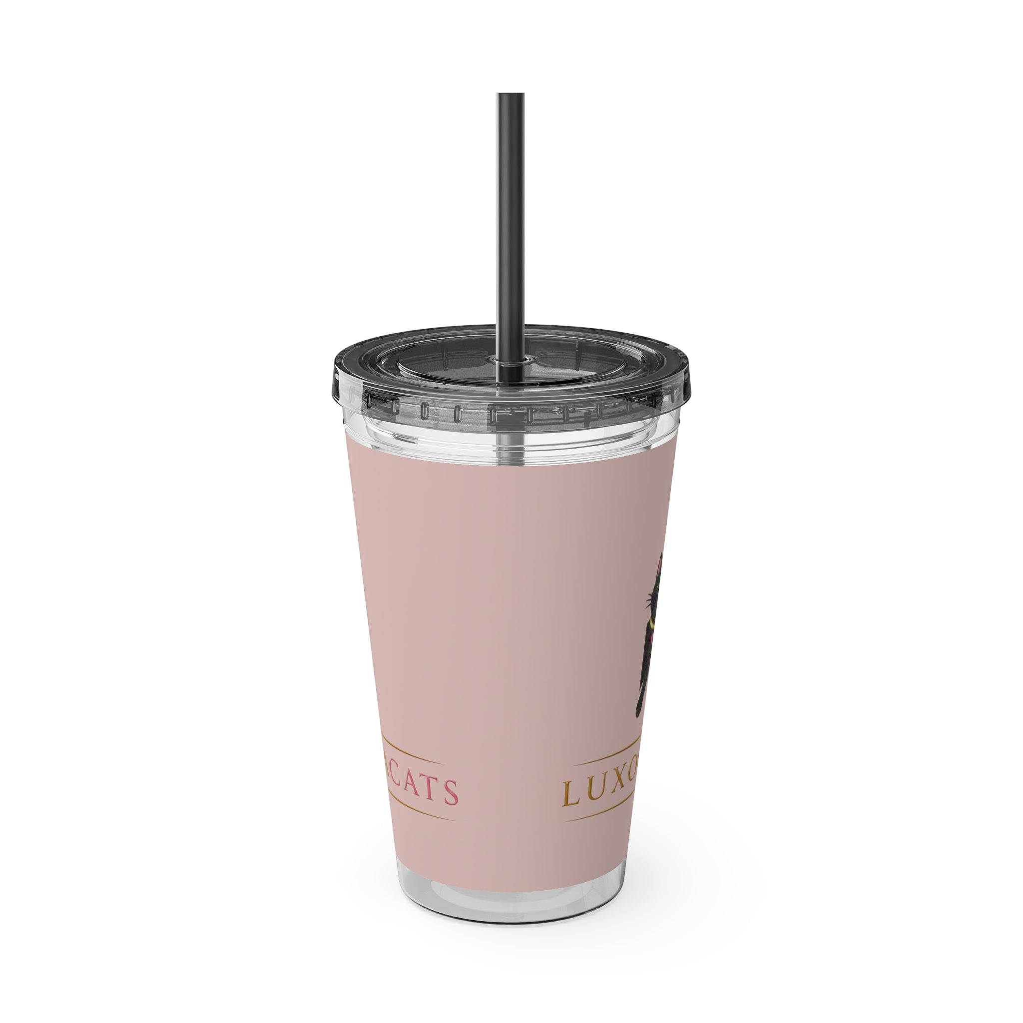 Vaso LuxoraCats Pink Sunsplash de 16 oz con pajita — lindo vaso de viaje con gato negro