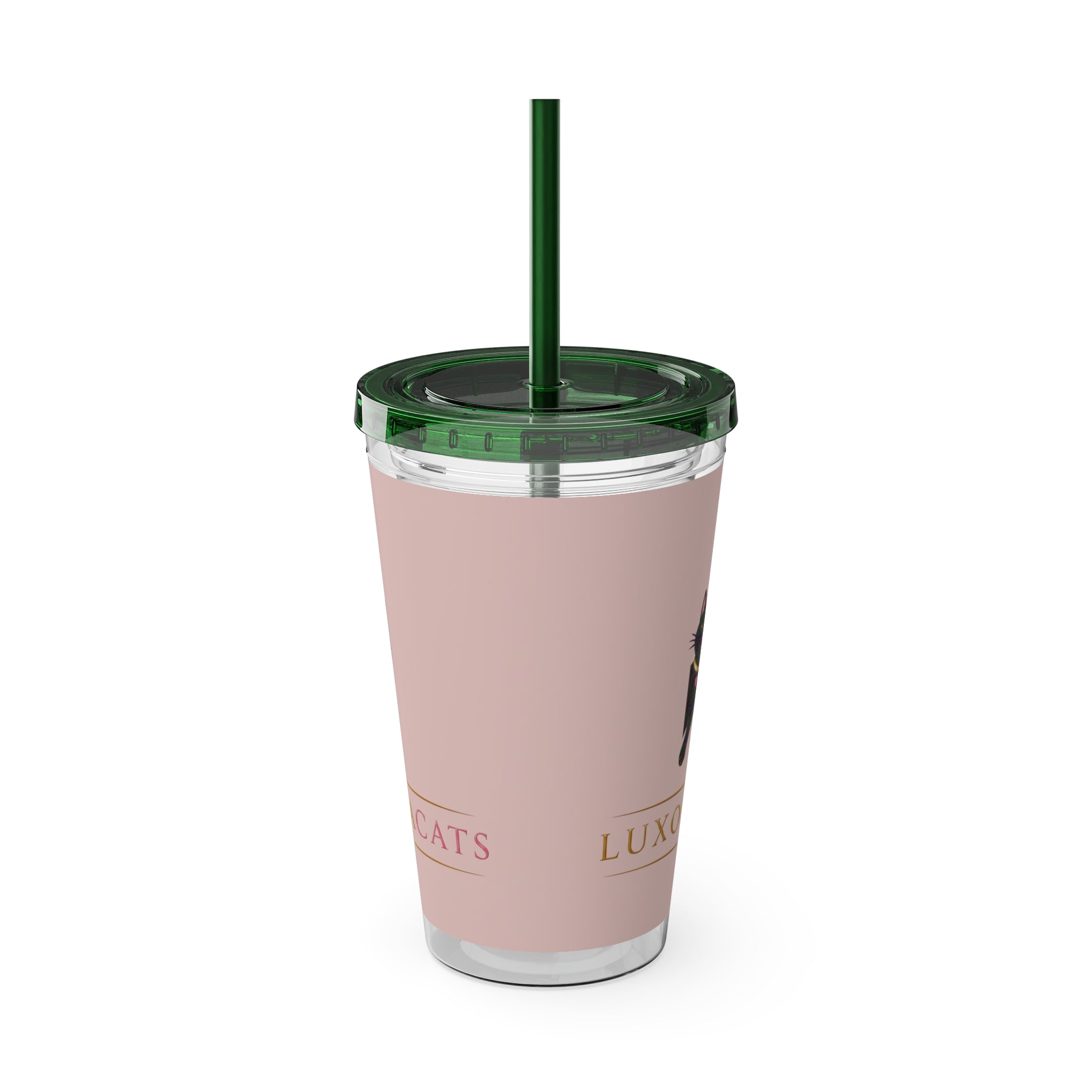 Vaso LuxoraCats Pink Sunsplash de 16 oz con pajita — lindo vaso de viaje con gato negro