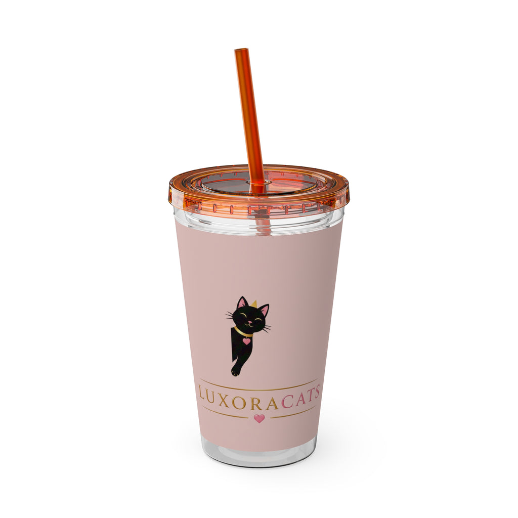 Vaso LuxoraCats Pink Sunsplash 16oz con Pitillo — Lindo Vaso de Viaje Gato Negro