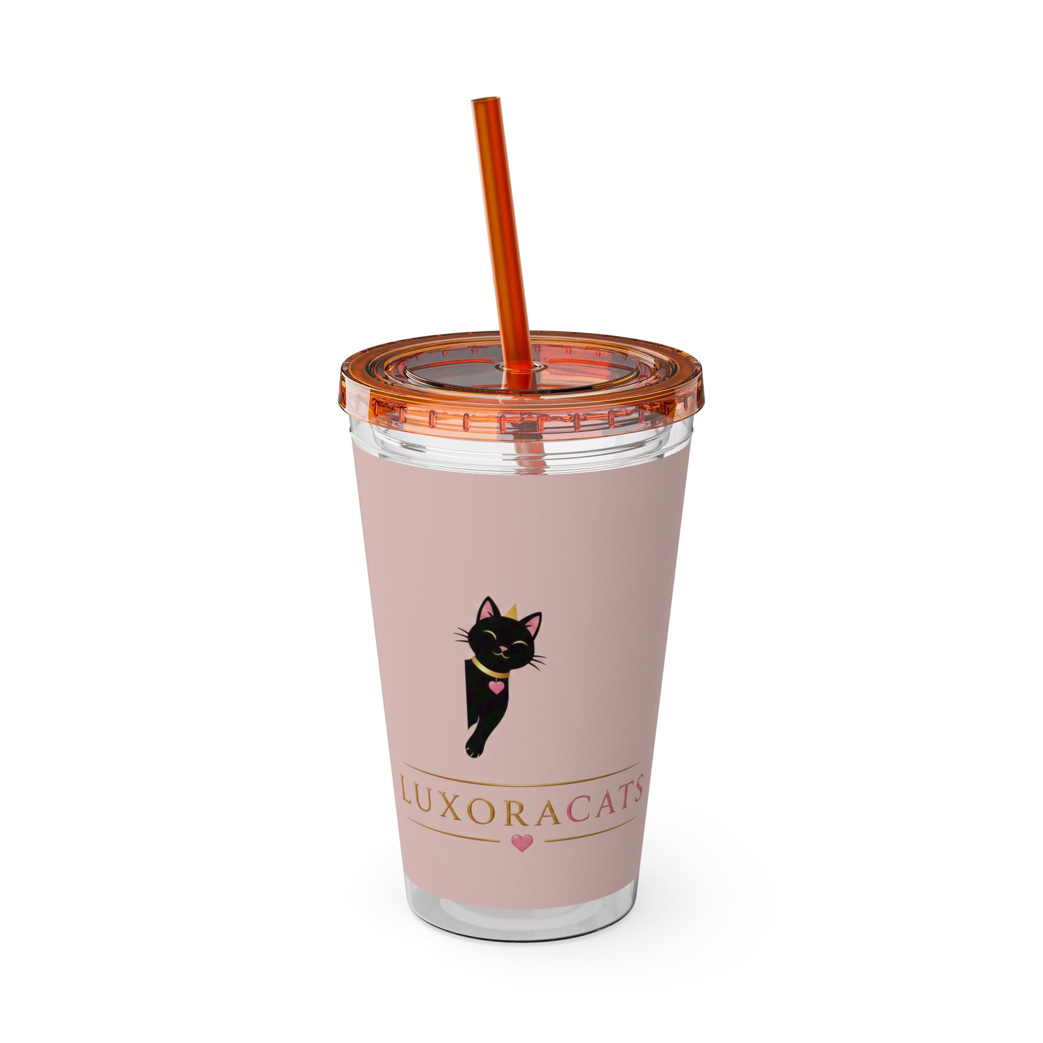Vaso LuxoraCats Pink Sunsplash 16oz con Pitillo — Lindo Vaso de Viaje Gato Negro