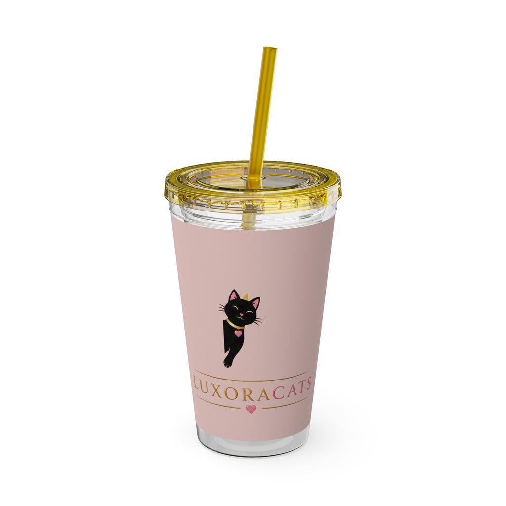 Vaso LuxoraCats Pink Sunsplash 16oz con Pitillo — Lindo Vaso de Viaje Gato Negro