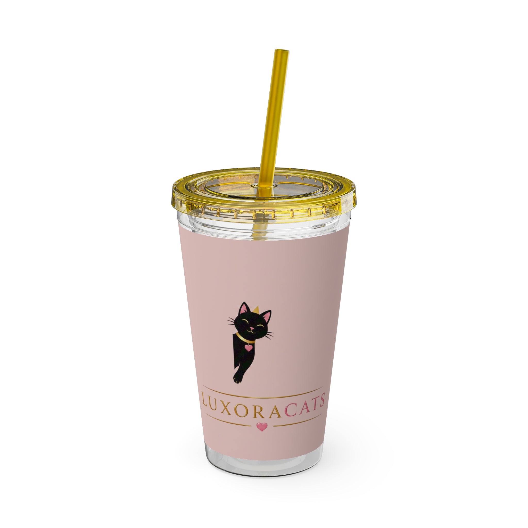 Vaso LuxoraCats Pink Sunsplash 16oz con Pitillo — Lindo Vaso de Viaje Gato Negro