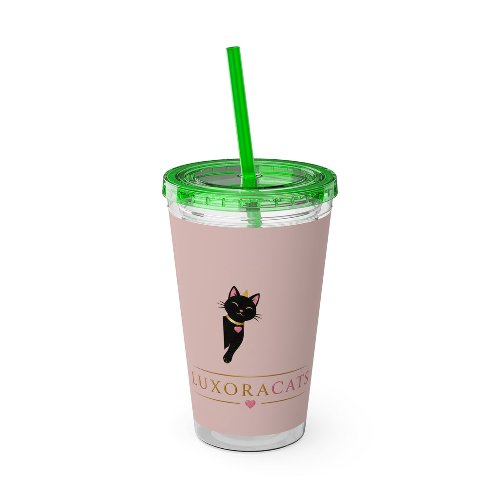 Vaso LuxoraCats Pink Sunsplash 16oz con Pitillo — Lindo Vaso de Viaje Gato Negro
