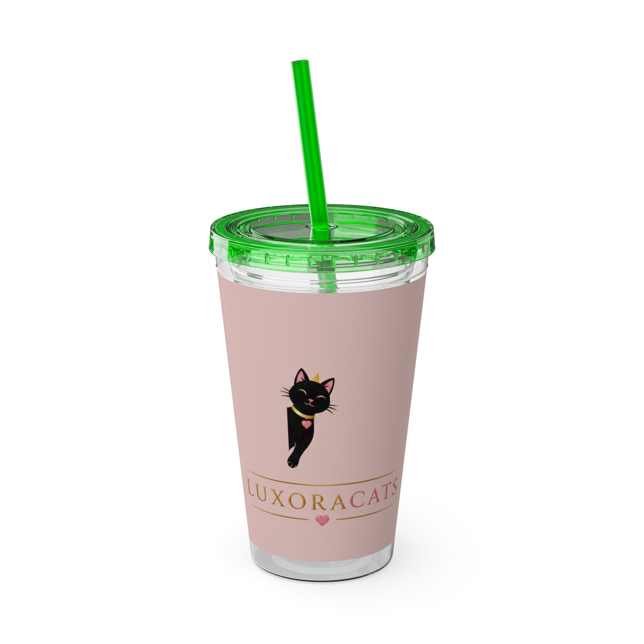 Vaso LuxoraCats Pink Sunsplash 16oz con Pitillo — Lindo Vaso de Viaje Gato Negro