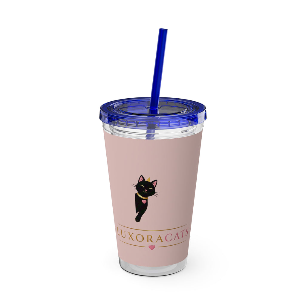 Vaso LuxoraCats Pink Sunsplash 16oz con Pitillo — Lindo Vaso de Viaje Gato Negro