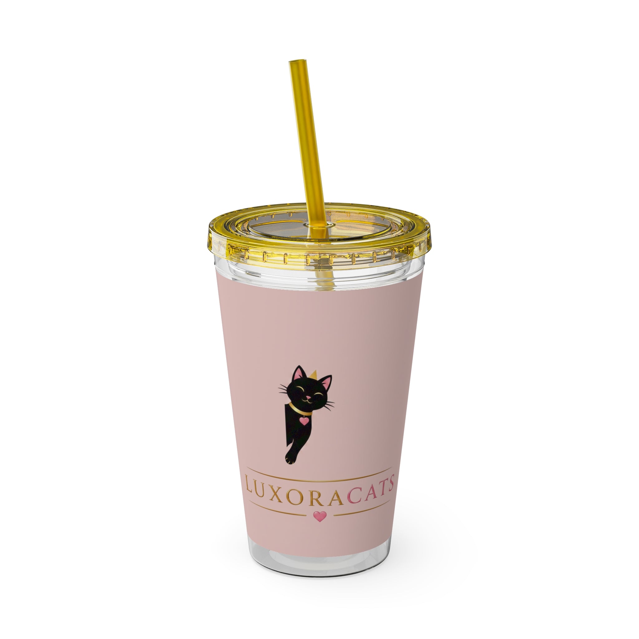 Vaso LuxoraCats Pink Sunsplash 16oz con Pitillo — Lindo Vaso de Viaje Gato Negro