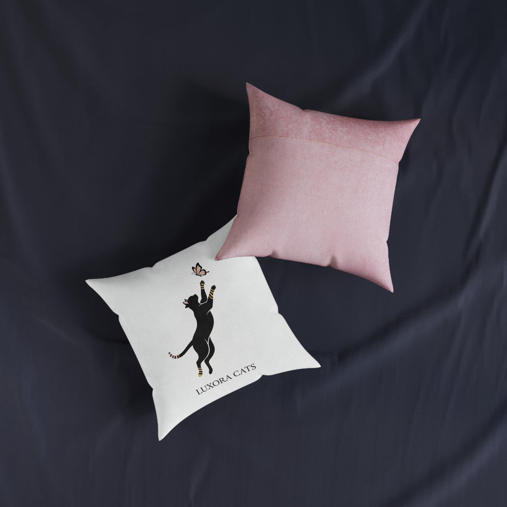 Luxora Cats Decorative Pillow — Playful Black Cat & Butterfly Accent Cushion (Pink Back)