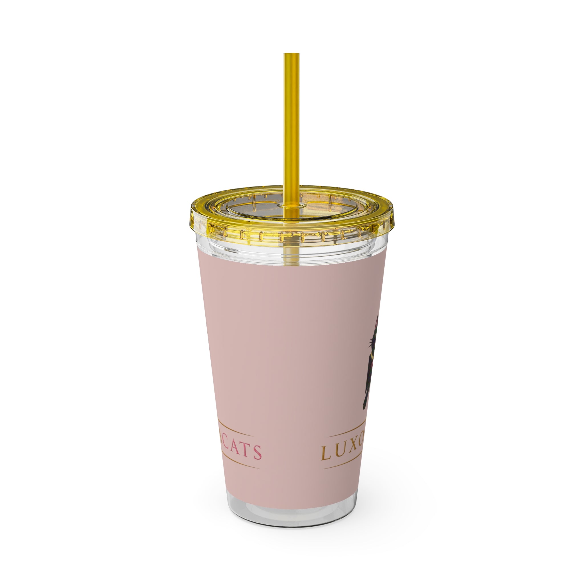 Vaso LuxoraCats Pink Sunsplash de 16 oz con pajita — lindo vaso de viaje con gato negro