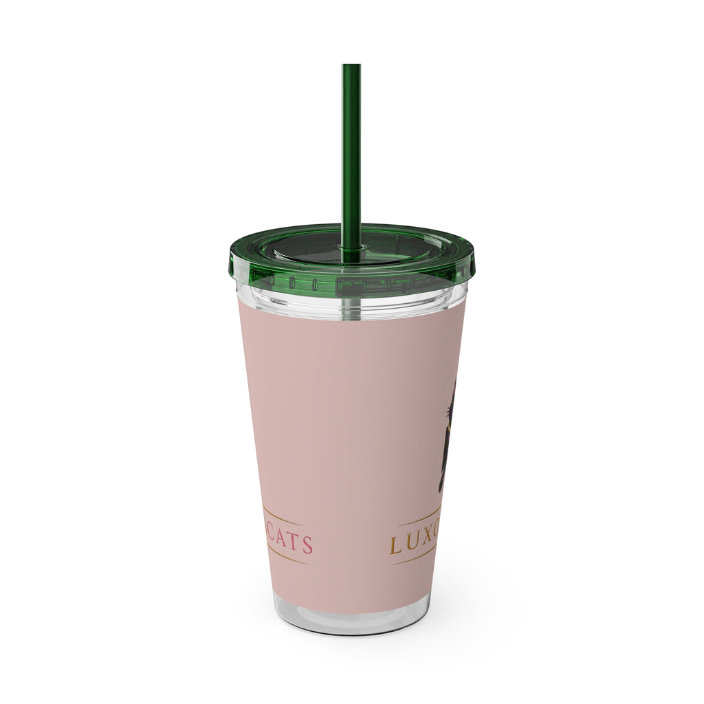 Vaso LuxoraCats Pink Sunsplash 16oz con Pitillo — Lindo Vaso de Viaje Gato Negro