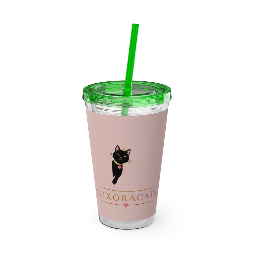 Vaso LuxoraCats Pink Sunsplash 16oz con Pitillo — Lindo Vaso de Viaje Gato Negro