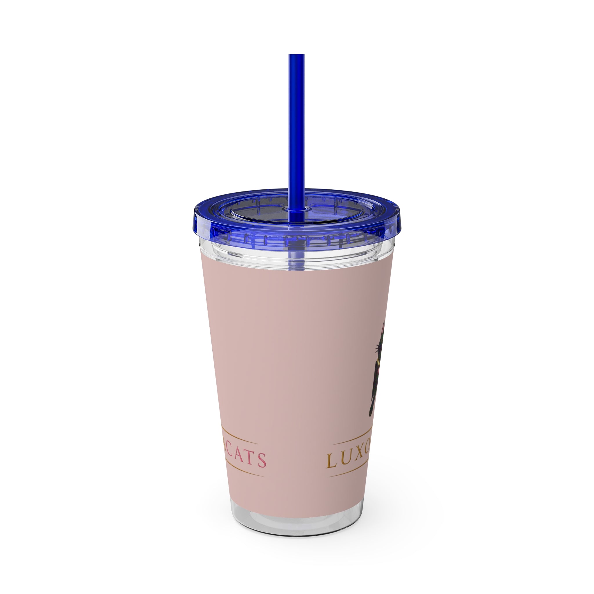 Vaso LuxoraCats Pink Sunsplash de 16 oz con pajita — lindo vaso de viaje con gato negro