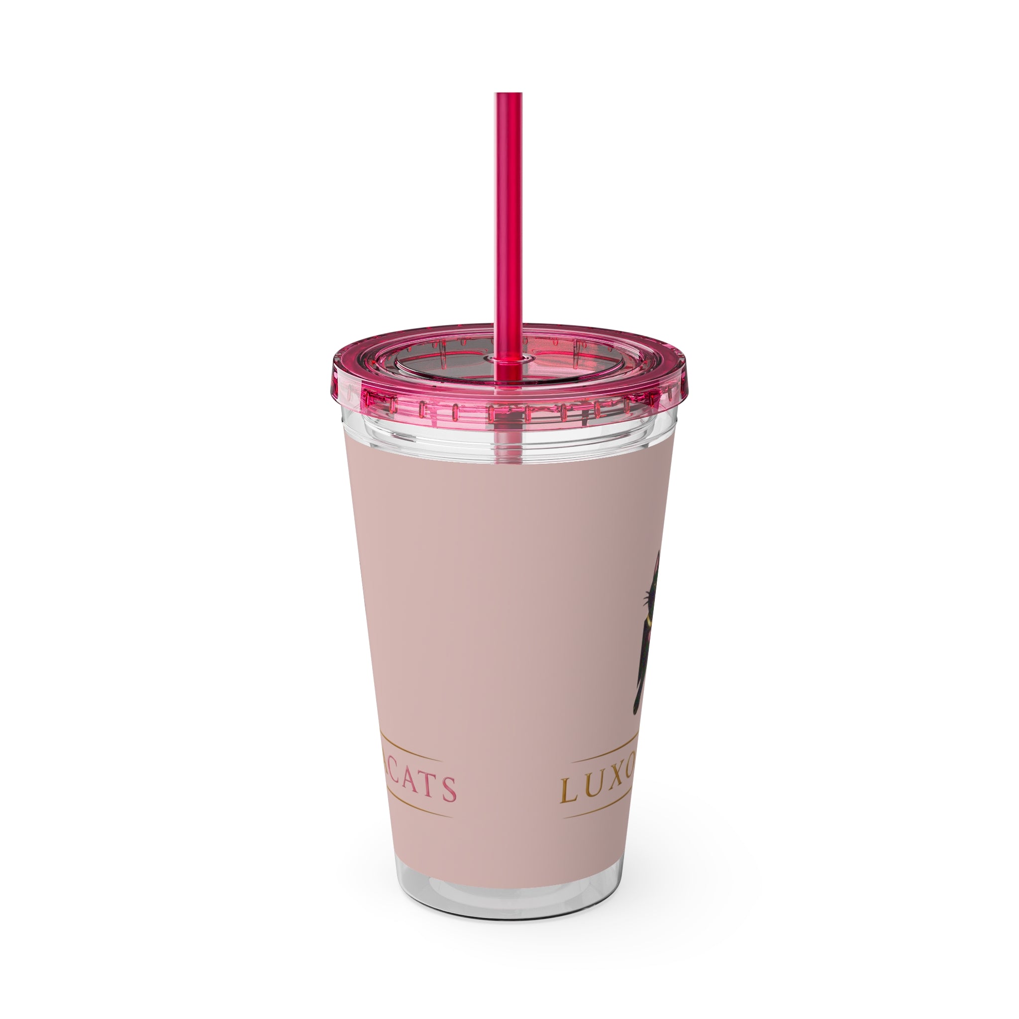 Vaso LuxoraCats Pink Sunsplash de 16 oz con pajita — lindo vaso de viaje con gato negro