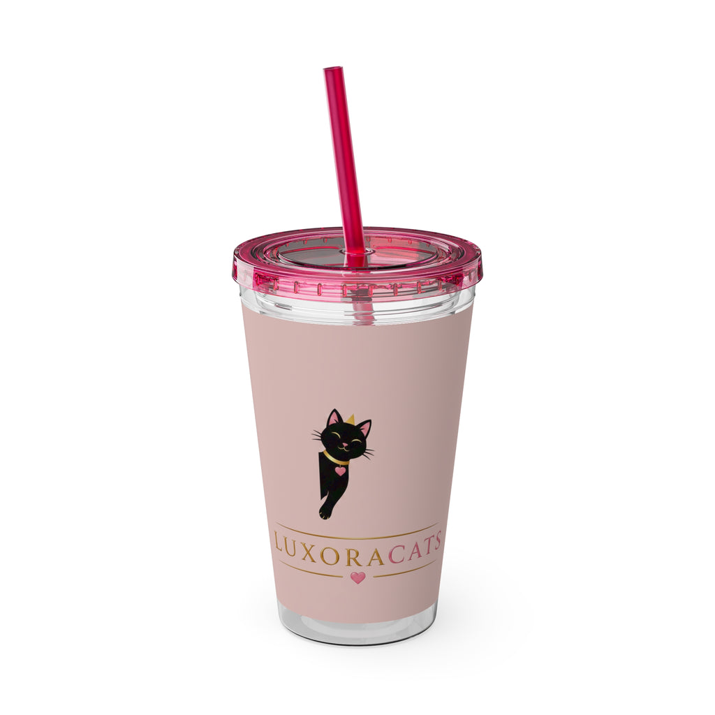 Vaso LuxoraCats Pink Sunsplash 16oz con Pitillo — Lindo Vaso de Viaje Gato Negro