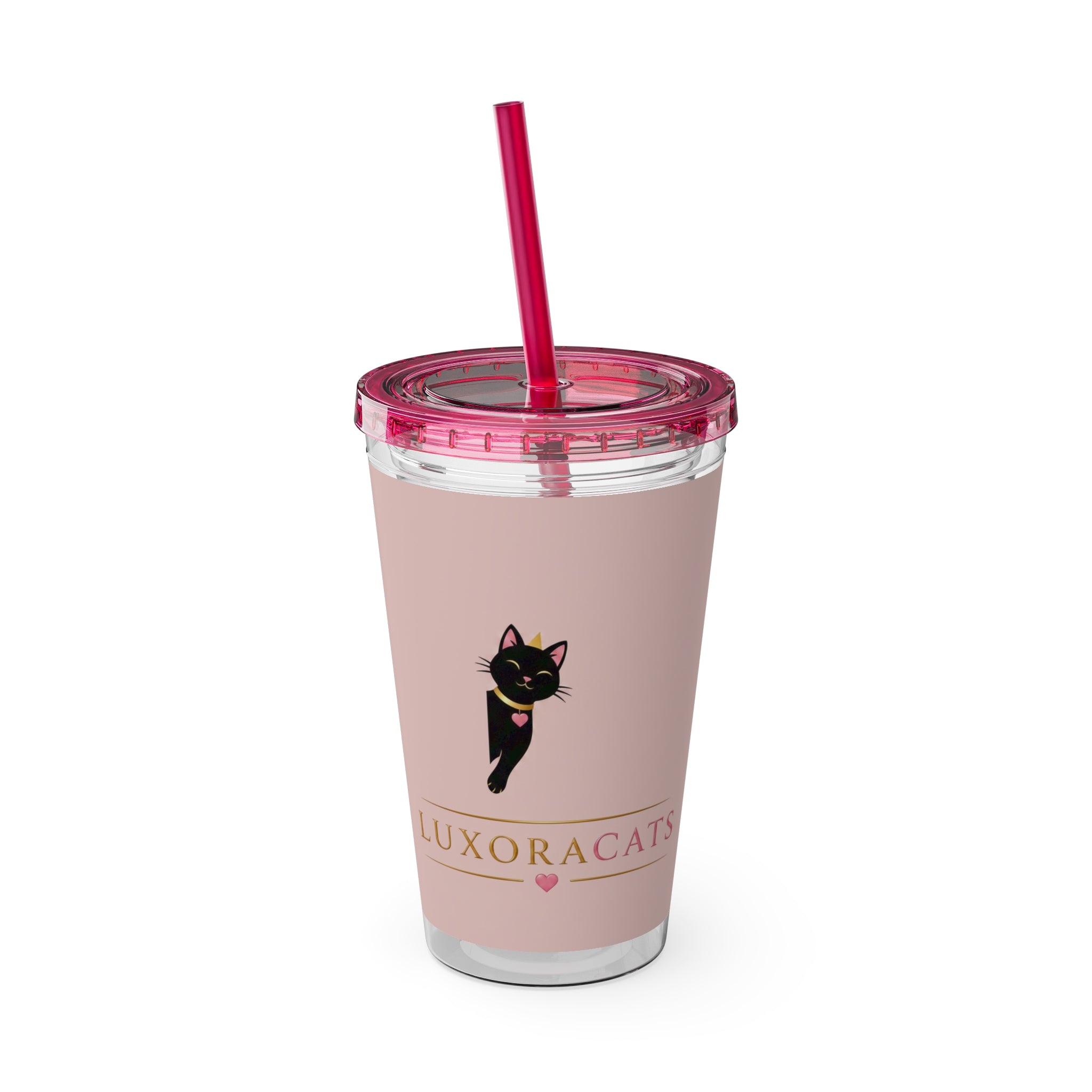 Vaso LuxoraCats Pink Sunsplash 16oz con Pitillo — Lindo Vaso de Viaje Gato Negro