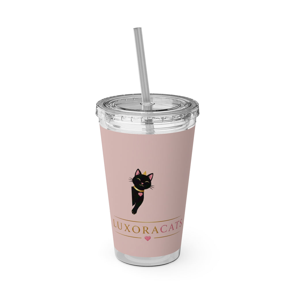 Vaso LuxoraCats Pink Sunsplash 16oz con Pitillo — Lindo Vaso de Viaje Gato Negro